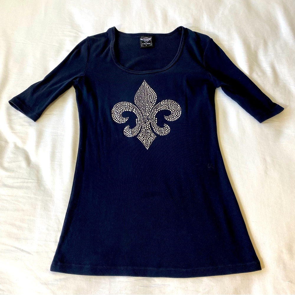 Sledge USA black fitted top size large bling fleur de lis made in USA